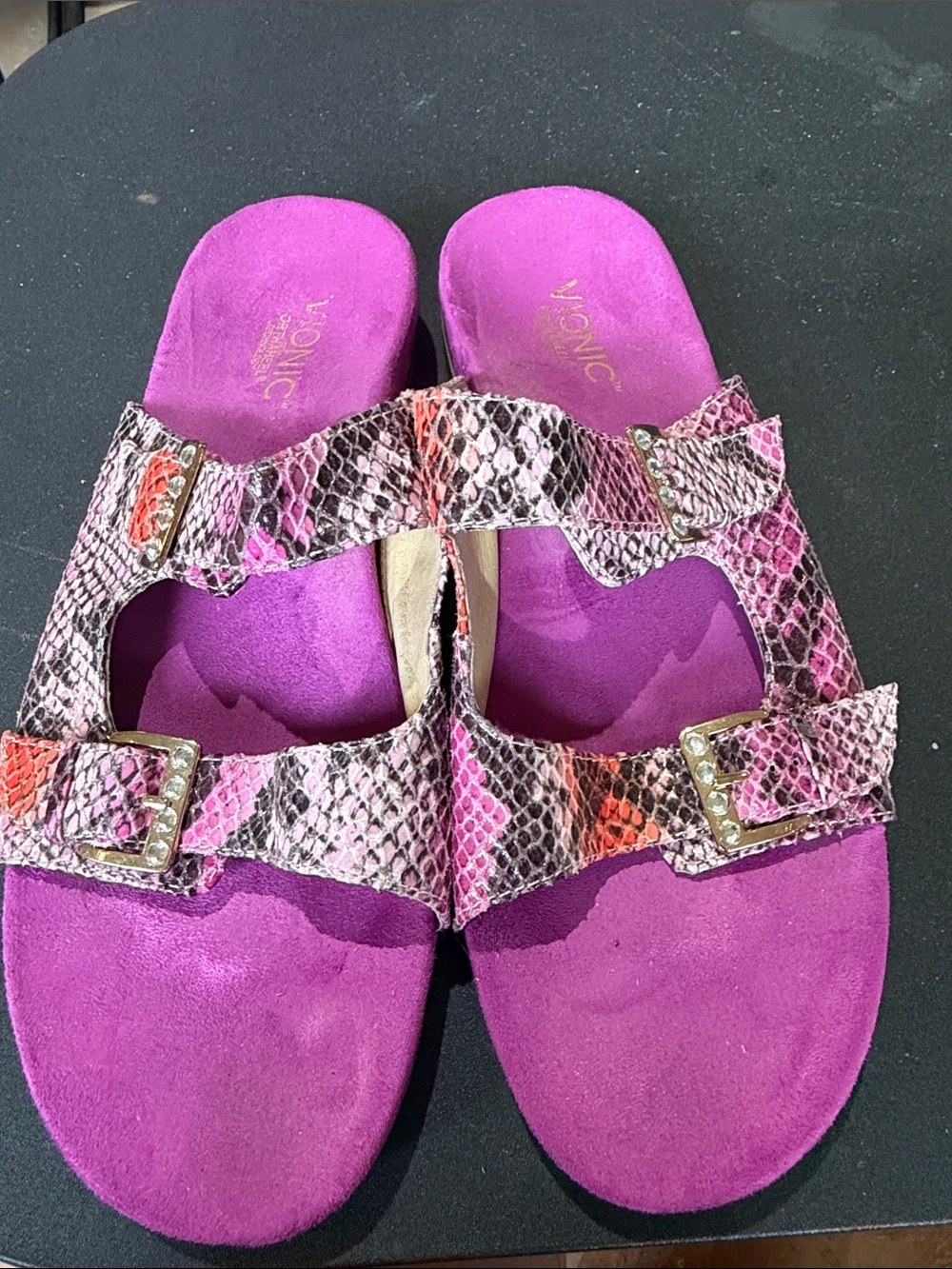 Vionic Fuchsia Snake-Print Double Buckle Slide Sandals